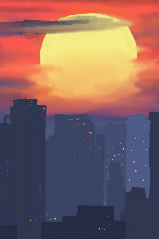 Sunset over the city, artwork, 240x320 wallpaper