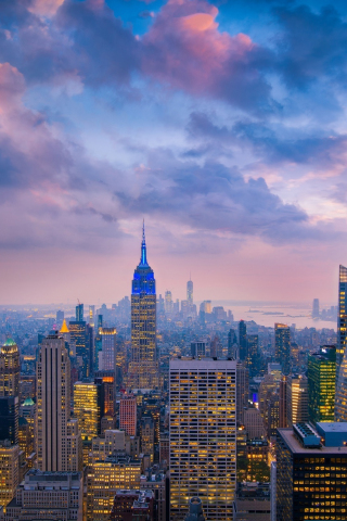 Evening, clouds, sunset, New York, cityscape, 240x320 wallpaper