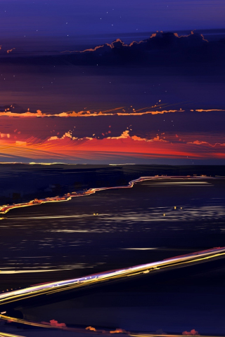 Horizon, clouds, sunset, highway, aerial view, art, 240x320 wallpaper
