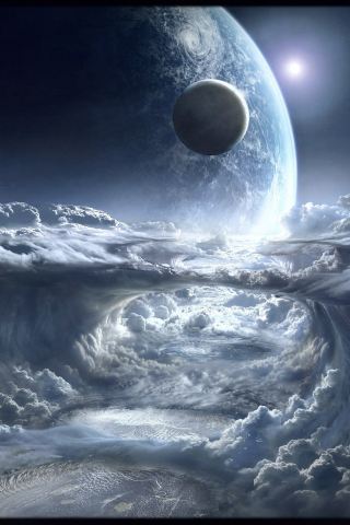 Space, white clouds, planet, fantasy, 240x320 wallpaper