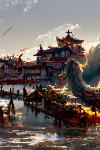 China's ancient town, dragon, fantasy, art, 240x320 wallpaper