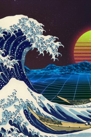 Retro, art, tide, sea waves, moon, 240x320 wallpaper