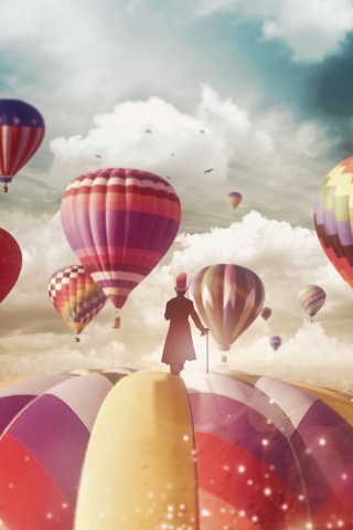 Magician, hot air balloons, ride, fantasy, surreal, 240x320 wallpaper
