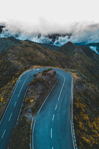 Aerial view, highway, road's turn, mountains, 240x320 wallpaper