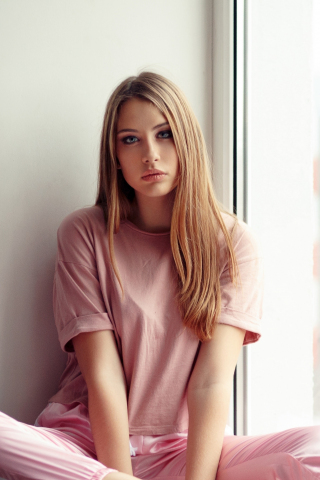 Girl at window, pink outfit, blonde and beautiful, 240x320 wallpaper