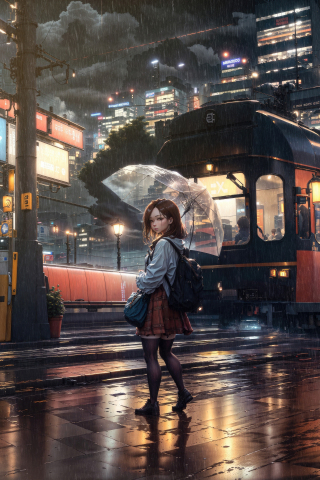 Rainy day, anime girl, walking through the city, looking back, 240x320 wallpaper