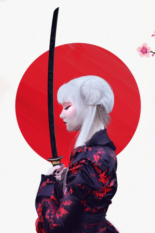 Girl warrior, samurai, Cherry Blossom, art, 240x320 wallpaper