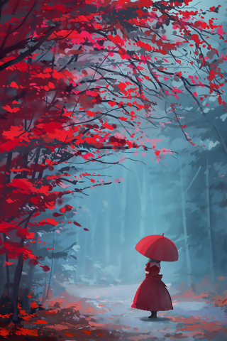 Touhou, autumn, tree, forest, girl, 240x320 wallpaper