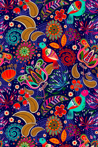 Pattern, colorful, birds, leaf, flowers, 240x320 wallpaper