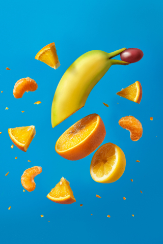 Banana-orange fruit slices, close up, 240x320 wallpaper