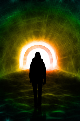 Light, tunnel, man in hoodie, silhouette, 240x320 wallpaper