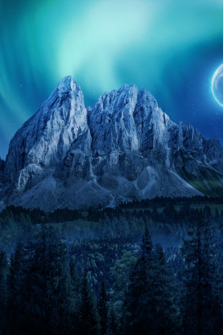 Mountain, Aurora, moon, night, 240x320 wallpaper