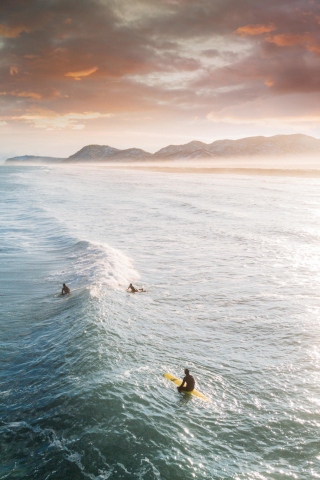 Tide, surfers, sea, aerial shot, sunset, 240x320 wallpaper