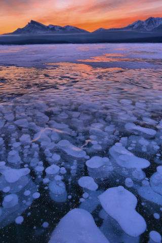Frozen lake, icebergs, small, glacier, sunset, 240x320 wallpaper