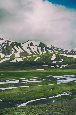 Iceland, mountains, snow, green landscape, 240x320 wallpaper