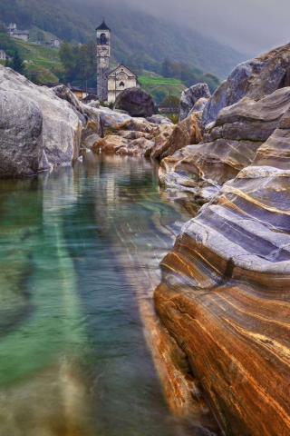 Mountains, river flow, rocks, nature, 240x320 wallpaper