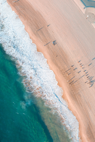 Aerial view, white, sea waves, green water, beach, 240x320 wallpaper