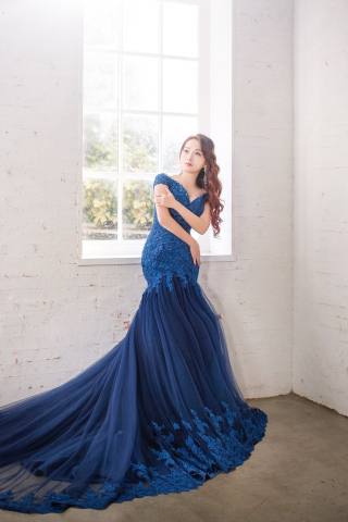 Asian woman, girl, model, blue dress, 240x320 wallpaper