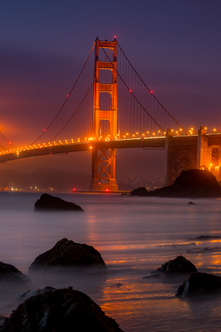 Golden Gate Bridge, San Francisco, yellow lights, night, 240x320 wallpaper