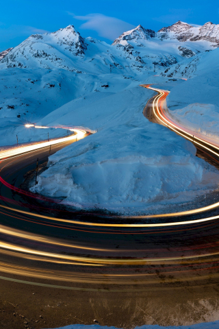 Winter, road turn, long exposure, snow, glacier, 240x320 wallpaper