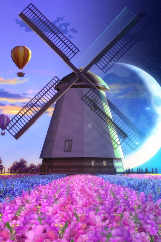 Windmill, landscape, artwork, 240x320 wallpaper