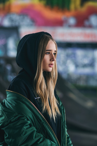 Girl in hoodie, pretty and blonde, 240x320 wallpaper