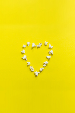 Popcorn, heart shape, yellow background, minimal, 240x320 wallpaper