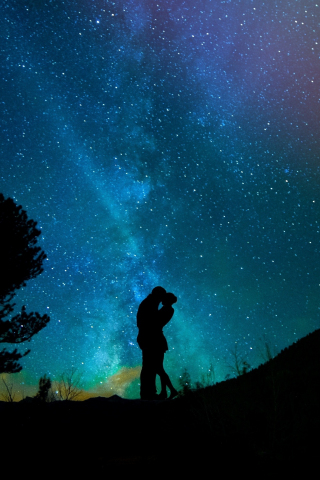 Couple, romantic night, silhouette, starry sky, 240x320 wallpaper