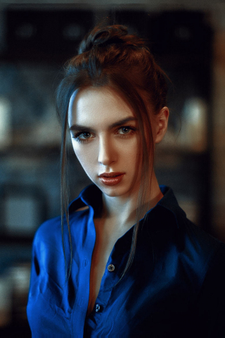 Portrait, woman, blue shirt, brunette, blur, 240x320 wallpaper