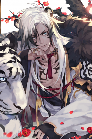 Tiger and warrior, anime boy, original, 240x320 wallpaper