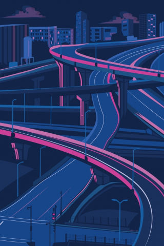 Roads and bridge, city, digital art, 240x320 wallpaper