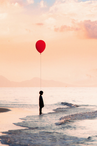 Kid with red ballon, at seashore, art, 240x320 wallpaper