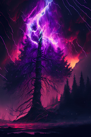 Burning tree, clouds, storms, lightings, art, 240x320 wallpaper