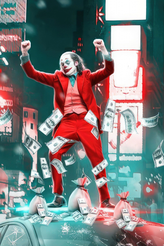 Joker dancing on the police car, looted money, movie art, 240x320 wallpaper