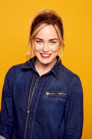 Red lips, Caity Lotz, smile, Jeans shirt, 240x320 wallpaper