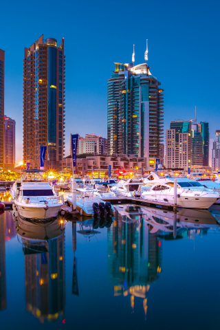 Dubai, buildings, cityscape, boats, harbor, reflections, 240x320 wallpaper