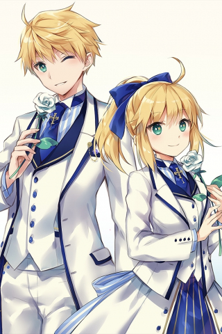 Fate/grand order, anime girl and boy, Saber, suit, 240x320 wallpaper