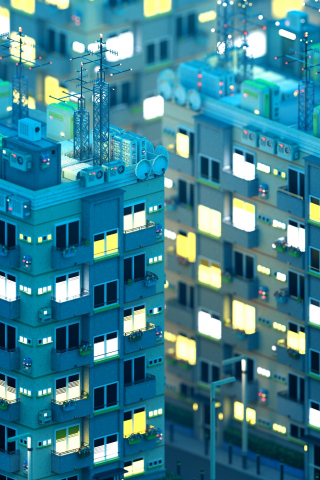 Blue buildings, modern city, digital art, 240x320 wallpaper