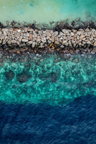 Blue green water, aerial view, rocks, coast, 240x320 wallpaper