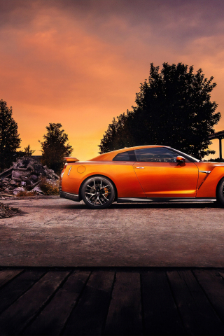 Side view, orange, Nissan GT-R, 240x320 wallpaper