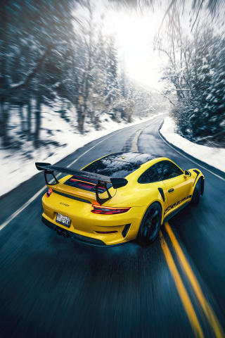 Porsche GT3RS, yellow sports car, on-road, 2021, 240x320 wallpaper