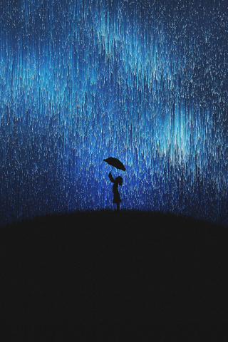 Silhouette, girl in rain, fun, mood, umbrella, 240x320 wallpaper