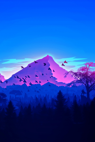 Mountain, peaks, birds, horizon, digital art, 240x320 wallpaper