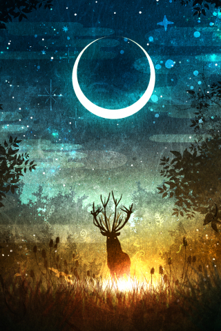 Night of forest, deer and moon, silhouette, fantasy, 240x320 wallpaper