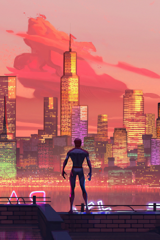Spiderman, NY cityscape, sunset, 240x320 wallpaper
