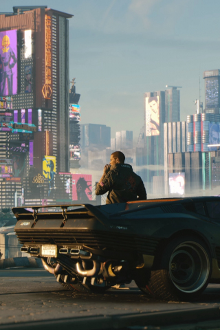Cyberpunk 2077, man with future car, video game, 240x320 wallpaper