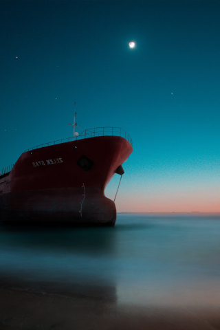 Ship at coast, sea, sunset, reflection, 240x320 wallpaper