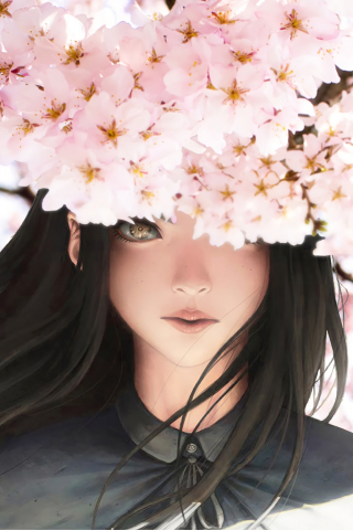 Anime girl, original, cherry blossom, sakura, 240x320 wallpaper