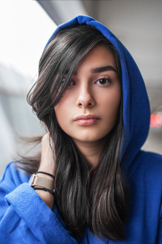 Woman, girl, blue hoodies, 240x320 wallpaper