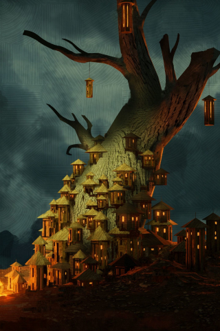 Lanterns, fairytale, tree, fantasy, 240x320 wallpaper